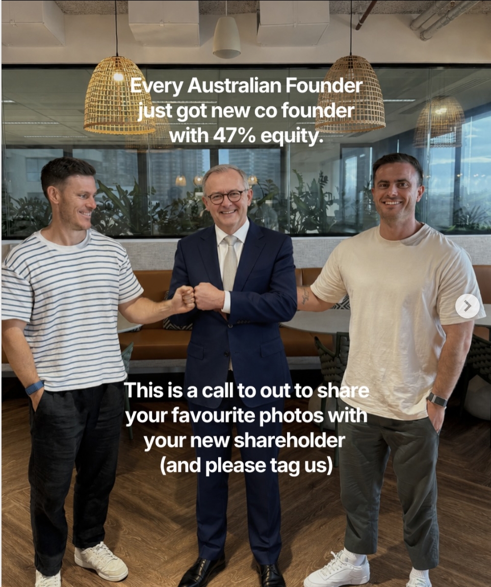 AI meme about Australian founders getting a new co-founder with 47 percent equity