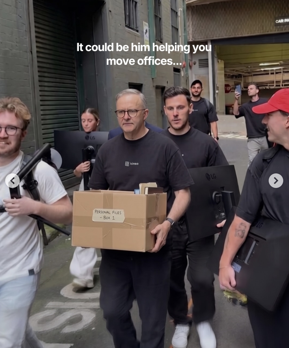 AI meme about Anthony Albanese helping business owners move offices